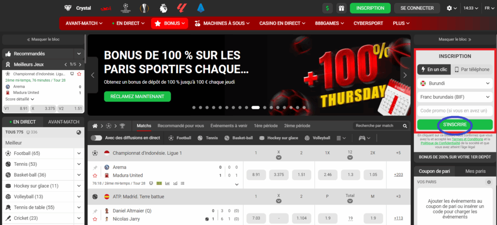 Interface utilisateur et aperçue du site officiel 888starz